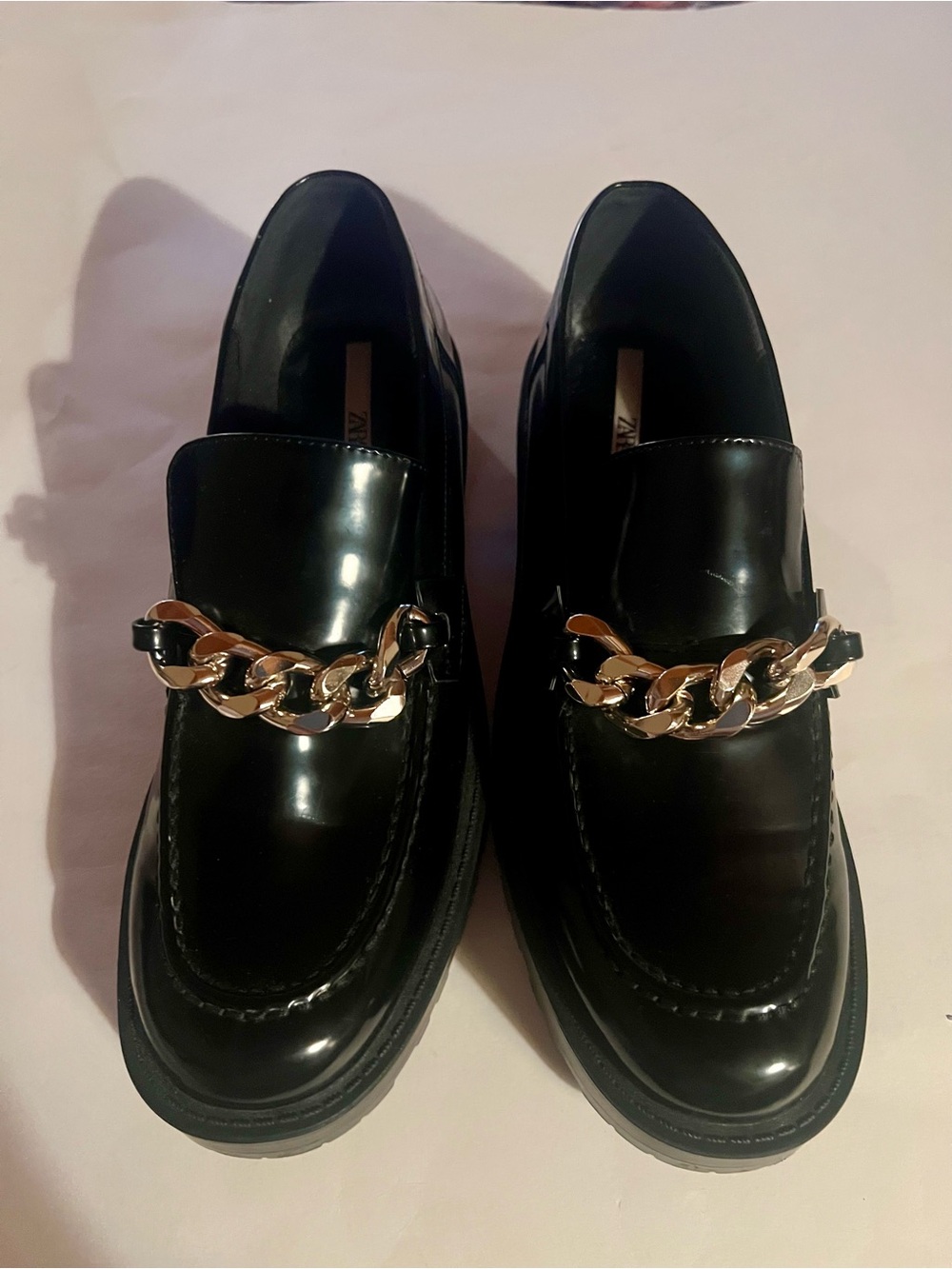 Zara Size 10 Black Patent Loafers with Gold Chain Accent